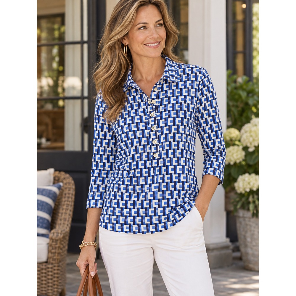 J. McLaughlin Blue Geometric Catalina Cloth 3/4 Sleeve Button Stretch Top Small